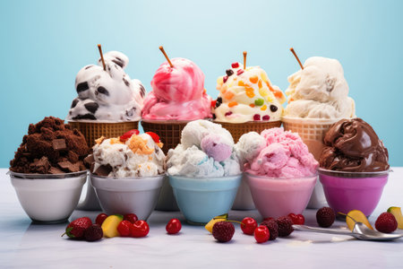 Assorted ingredients for ice cream: fruits, chocolate, marshmallows on a wooden table, providing a colorful array for creating delicious frozen treats.の素材
