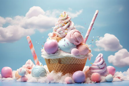 A close-up of an ice cream sundae with multiple colorful scoops, topped with fluffy marshmallows and a generous amount of vibrant sprinkles, creating a delightful and refreshing dessert option.の素材