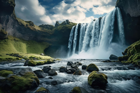 A stunning image of a powerful waterfall cascading down majestic cliffs in the midst of a wild and untamed landscape, showing the beauty of nature's raw power and tranquility.の素材