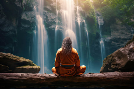 A serene and meditative moment by a majestic waterfall, surrounded by a spiritual aura and illuminated by bright sunlight, creating a tranquil and calming atmosphere in the natural environment.の素材