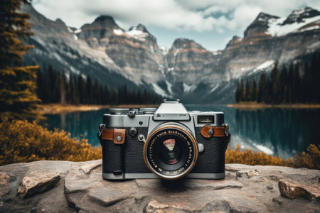 A beautiful photography set up in the midst of a serene and peaceful natural landscape. The equipment and cameras stand out against the tranquil surroundingsの素材
