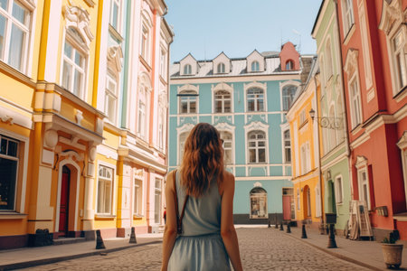 A young girl with a backpack and a camera wandering through the city, capturing the colorful street art and dynamic street performances on a sunny day.の素材