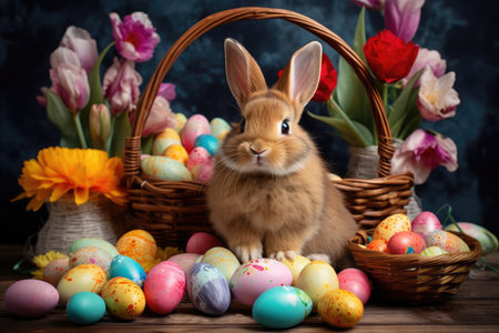 A cute easter bunny holding a colorful basket of eggs surrounded by bright festive lighting, perfect for easter holiday designs and decorations, bringing joy and whimsy to any project.の素材