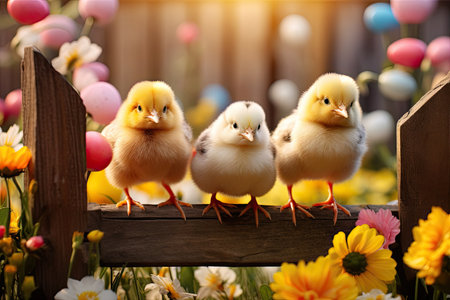 A delightful easter farm scene with cute fluffy chicks, wooden fences, and beautiful blossoming plants in the background. The charming springtime setting captures the essence of the season perfectly.の素材