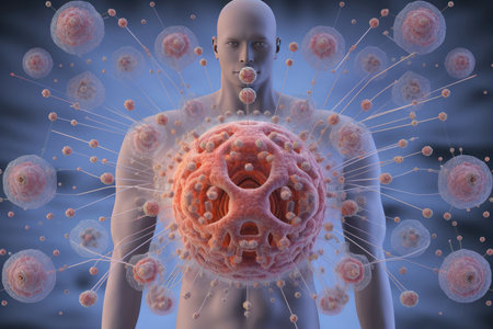 Digital illustration of vibrant immunity molecules interacting in a complex network within the human body, depicting the intricate mechanism of the immune system.の素材