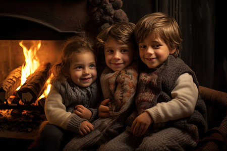 Two young children sitting by the fireplace in a cozy living room, enjoying a warm and comforting atmosphere at home, surrounded by love and happiness.の素材