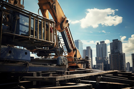 Heavy construction machinery and tools set against a clear blue sky with a skyscraper facade in the background. Construction equipment and urban development concept.の素材