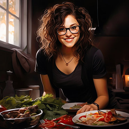 A joyful young woman with curly brown hair and red glasses is happily savoring a fresh and healthy salad in a stylish, modern kitchen setting, surrounded by natural light.の素材