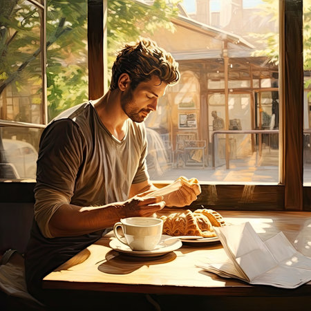 A stylish young man enjoys a brunch at a Japanese cafe, savoring a croissant and cappuccino in a serene summer setting, capturing an authentic Japanese cultural experience.の素材