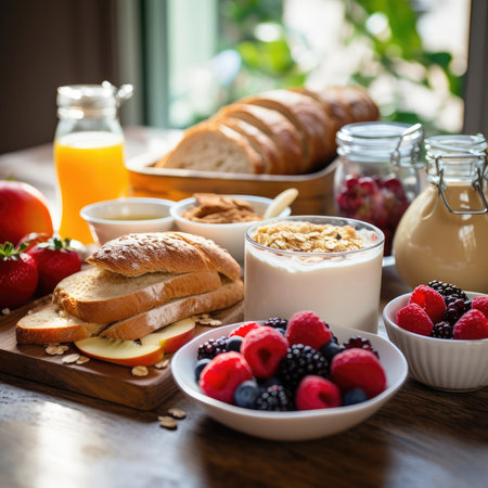 A fresh and energizing business breakfast table set with a variety of delicious items including bread, butter, jam, fruits, yogurt, and oatmeal, ready to start the day.の素材