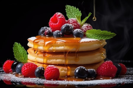 A close-up, macro shot of a stack of delicious pancakes topped with a generous drizzle of syrup and fresh, vibrant berries. Ideal for restaurant menus and food-related designs.の素材