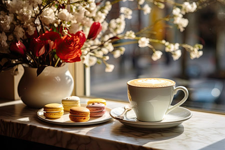 A cozy and luxurious cafe ambiance with a table set with coffee, fresh flowers, and delicious cupcakes on a sunny winter morning, creating a warm and inviting scene.の素材