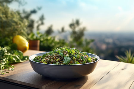 A delicious and healthy organic green lentil salad served in an artisan ceramic bowl on a modern steel countertop, making it an appetizing meal option for health-conscious individuals.の素材