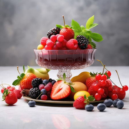 A variety of fresh fruits and berries displayed on a light background, embellished with green accents for a fresh and vibrant appearance. Use different dishes and accessories for an interesting touch.の素材