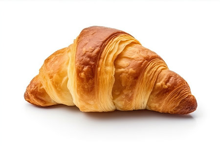 A delicious, golden-brown croissant with a flaky texture, isolated on a pristine white background. This appetizing image is perfect for bakery advertisements and breakfast-themed designs.の素材