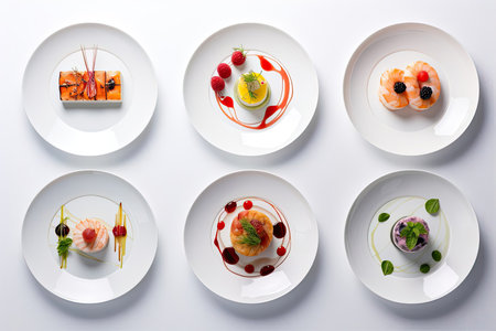 A beautifully arranged spread of business lunch options, including sandwiches, salads, fruits, and desserts, perfectly displayed on a pristine white background, exuding elegance and professionalism.の素材