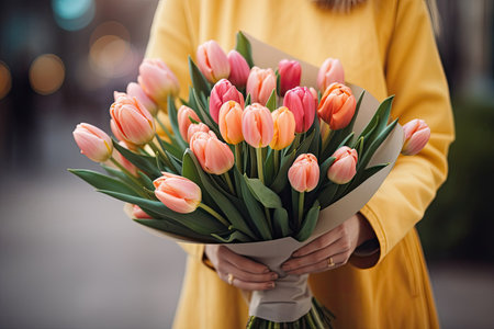 A beaming woman holds a vibrant tulip bouquet, exuding pure joy and delight to celebrate international women's day, conveying the beautiful emotions and significance of this special day.の素材