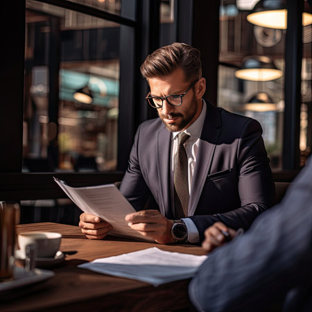 Professional business consultant in formal attire offering expert financial planning and credit services to clients, exuding confidence and readiness.の素材