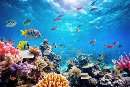 A variety of colorful fish swim among vibrant coral reef, creating a lively and captivating marine ecosystem, showing the beauty and diversity of underwater life.の素材