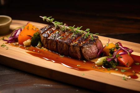 A succulent gourmet steak presented with an array of assorted sauces, fresh vegetables, and vibrant herbs, offering a versatile array of plating options for culinary excellence.の素材