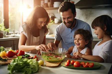 A happy family is seen engaging in an active lifestyle and preparing a nutritious meal together, focusing on strengthening their immune systems and overall well-being.の素材