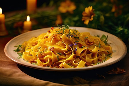 A sumptuous dish of luxurious Italian tagliatelle infused with saffron, adorned with chanterelles, promising a culinary delight for fine dining experiences.の素材