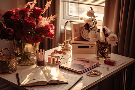 A stylish and functional workspace setup with a planner, pens, and various stationery items, creating an aesthetically pleasing and productive environment for work or study.の素材
