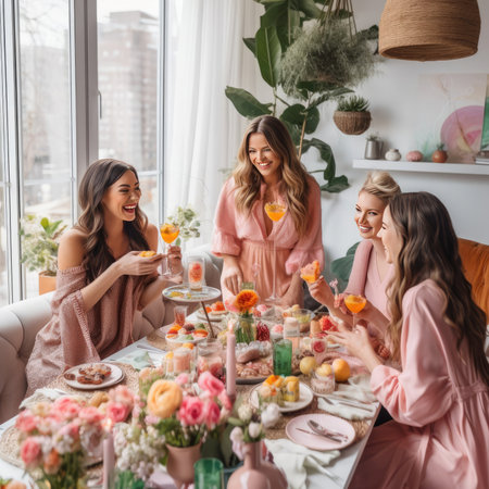 A group of stylish and vibrant women are enjoying a celebratory brunch with beautifully decorated surroundings and fresh floral arrangements, creating a lively and festive atmosphere for the event.の素材