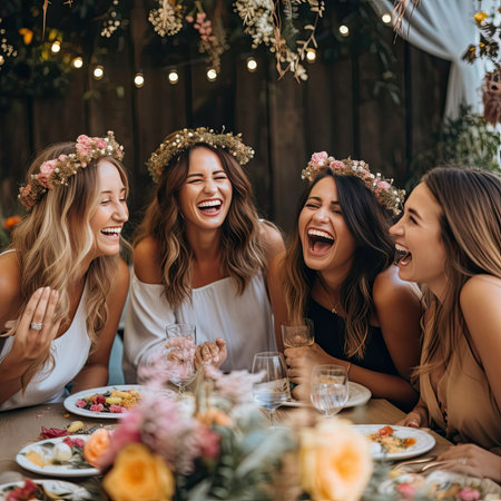 Two happy and cheerful young girls sitting at a colorful, vibrant table, writing and exchanging postcards with big smiles on their faces, enjoying the joyful moment of friendship and communication.の素材