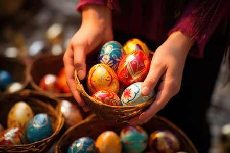 Vibrant celebration of mysticism and tradition with people taking in an easter egg blessing and coloring ritual, creating a culturally rich and joyful atmosphere.の素材