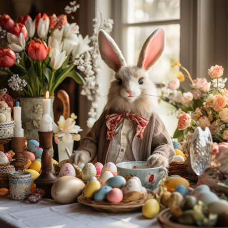 An easter bunny stands on a festively decorated table, holding a basket of colorful eggs, creating a warm and joyful atmosphere for the holiday celebration.の素材