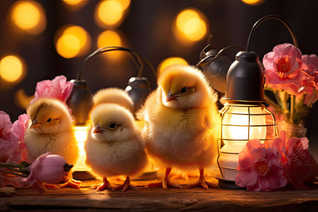 Capturing the essence of springtime joy, this lovely image showcases cute baby chicks nestled amidst easter decorations and vibrant flowers, emanating the warmth and cheer of the season's renewal.の素材