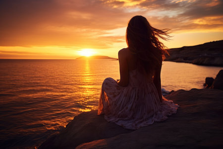 A stunning image of a laptop placed on a desk against the backdrop of a breathtaking sunset by the sea, creating an inspiring juxtaposition of productivity and serenity.の素材
