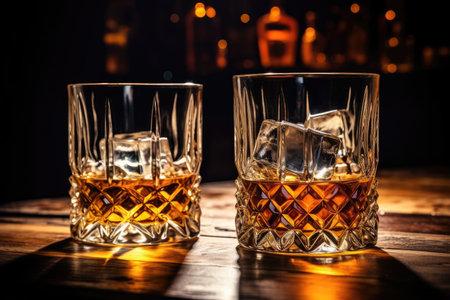 Close-up of a whiskey glass on a reflective surface with captivating reflections and dynamic lighting angles, creating an intriguing and captivating atmosphere for a beverage concept.の素材