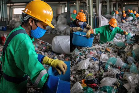 Workers at a plastic recycling plant are seen sorting, processing, and transforming used plastic materials into new products for sustainable and eco-friendly production.の素材