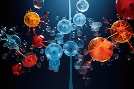 Computer-generated abstract of vibrant immune system molecules interacting in a dynamic composition, representing the body's intricate defense system.の素材