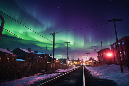 Capture the enchanting beauty of the northern lights casting bright lines over the cityscape, blending urban life with ethereal aurora magic.の素材