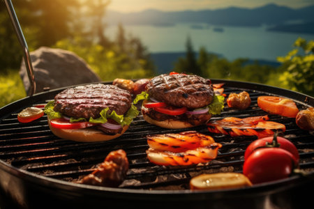 A picturesque outdoor burger grill with a perfect capture of a summer picnic atmosphere. The image showcases a classic outdoor grilling scene with burgers being cooked and a cozy, inviting ambiance.の素材