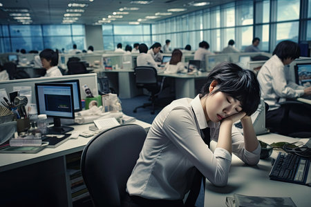 A dramatic image depicting the impact of an economic crisis. Stressed individuals, empty offices, and a chaotic stock market reflect the panic and uncertainty in the financial sector.の素材