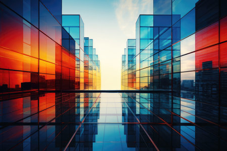 A captivating urban landscape featuring a modern glass skyscraper reflecting the bustling city life, capturing the dynamic energy of the metropolis against the backdrop of the vast sky.の素材