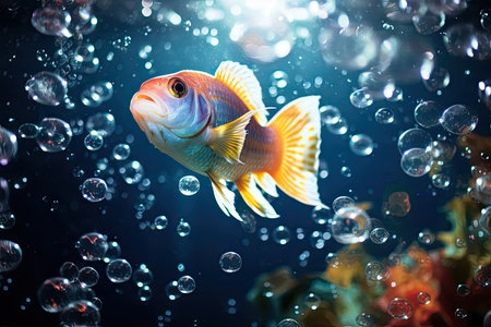 In a mesmerizing underwater scene, a variety of graceful fish swim among a diver-crafted symphony of bubbles, creating a magical and enchanting atmosphere.の素材
