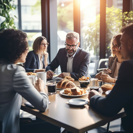 Capture the atmosphere of a productive and friendly business breakfast as people gather around a table discussing ideas. Soft natural lighting and gentle tones enhance the scene.の素材