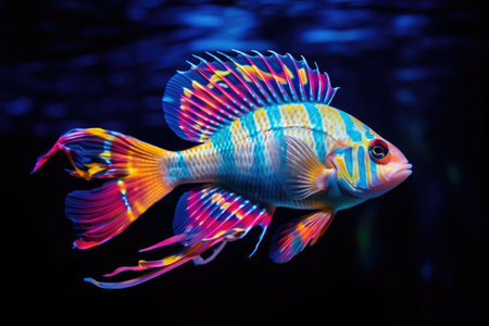An enchanting underwater scene captures the captivating beauty of shimmering fish swimming in multicolored light, creating mesmerizing reflections on the water's surface.の素材