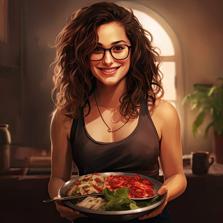 Digital artwork of a woman with curly hair and red glasses, holding a vibrant salad. Radiating joy and health, this image epitomizes a positive, healthy lifestyle.の素材