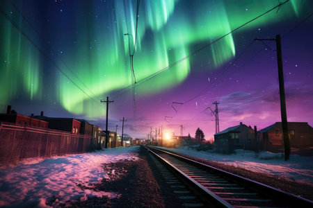 Experience the surreal beauty of the northern lights as they illuminate the city skyline with their ethereal glow, infusing the urban environment with a touch of enchantment.の素材