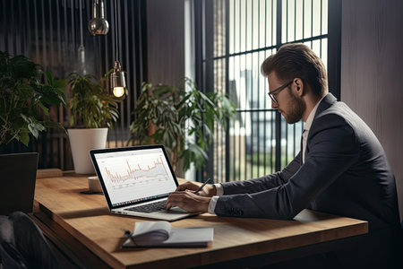 In an office setting, a focused business professional, wearing a suit, analyzes a sales growth chart on a digital tablet with a determined expression, seeking strategic insights.の素材