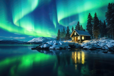 The breathtaking sight of the aurora borealis, with vibrant hues of green, purple, and pink dancing in the polar circle, creates a captivating and surreal atmosphere in the night sky.の素材