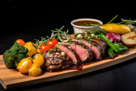 A tantalizing steak dish featuring succulent meat, gourmet sauces, fresh vegetables, and aromatic herbs for an elegant and creative culinary presentation on a white plate.の素材