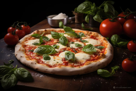 Close-up of a mouth-watering neapolitan-style pizza, capturing the authenticity of classic Italian pizzas with its charred crust, melty cheese, and vibrant tomato sauce.の素材