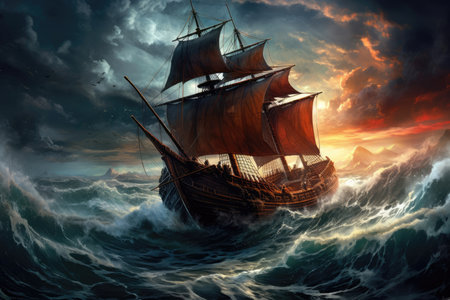 A dramatic scene depicting the beauty and danger of a maritime adventure. An old ship battles fierce waves and dark storm clouds in a captivating and atmospheric image.の素材